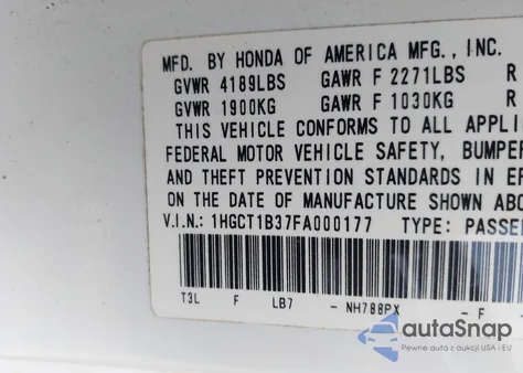 2015 Honda Accord Lx-S из США, поврежденный, VIN 1HGCT1B37FA000177